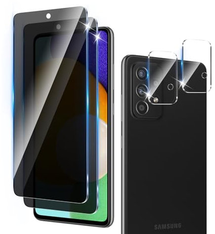 LZAYN 2+2 Pack Privacy Screen Protector for Samsung Galaxy A52/A52S 5G, 2 Tempered Glass Film + 2 Camera Lens Protector, 9H Hardness, Anti-Scratch, Case Compatible, Anti-Spy Glass Protection