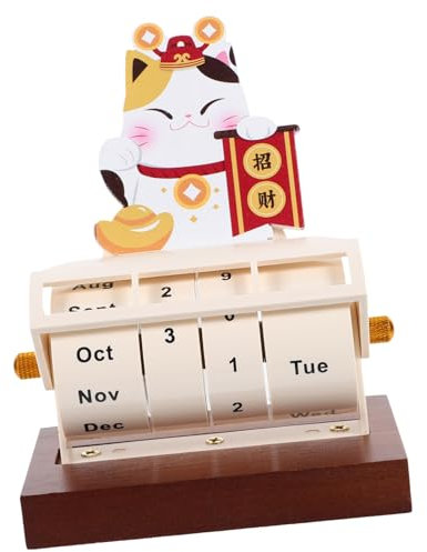 TOGEVAL Holz Tischkalender Drehbar Ewiger Kalender Cartoon Dekoration Kompakt Büro Und Zuhause