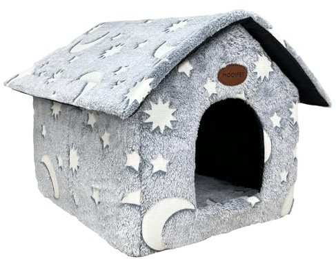 Mooipet Plüsch Katzenhaus mit Waschbarem Kissen Tragbare Katzenhütte mit Rutschfestem Boden Weiches und Warmes Katzenbett für Drinnen 35x30x35cm
