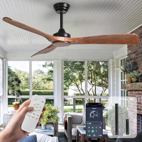 Depuley Ceiling Fan Without Light: 52 Inch Outdoor Fan with Remote App Control for Patio Porch - Walnut Ceiling Fan no Light for Indoor - 3 Blade Fan Reversible 6 Speed Quiet