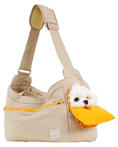 ONECUTE Business-Hundetasche für Kleine Hunde & Katzen – Klappbare Tragetasche mit Weichgepolstertem Hartboden, Belüftungsmesh & Seitentaschen – Elegant für Alltag, Outdoor & Büro (Khaki,40x14x25 cm)