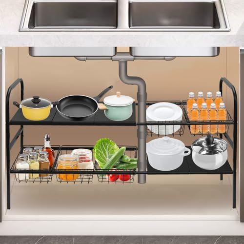 Organisateur sous Évier Cuisine, Étagère sous Évier pour Meuble sous Évier, Organisateur à 2 Niveaux avec 5 Plateaux et 5 Paniers Suspendus, Étagère sous Lavabo, Adapté pour Cuisine, Balcon, Salon