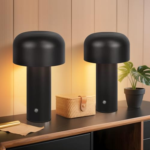 ZMH 2ER LED Nachttischlampe Tischlampe Kabellos - 2W Tischleuchte Akku | Dimmbar Schreibtischlampe Aufladbar Schwarz Pilzlampe Schlafzimmer Klein Nachtleuchte Modern Metall für Wohnzimmer Nachttisch