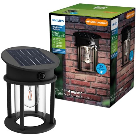 Philips Geri UltraEfficient Outdoor Solar Wall Light, Replaceable Solar Bulb, Motion Sensor, 4000K, Round, Black