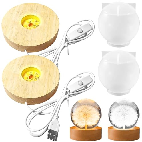 GOEDCH DIY Kugel Silikonform mit LED Holzsockel, 2 Stück Epoxidharz Formen, Runde Silikonformen für LED Lampe, Kreative Gießform Projekte