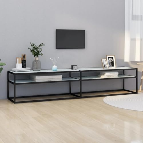 Mandloder Meuble TV blanc, aspect marbre, 200 x 40 x 40,5 cm, verre trempé, acier revêtu par pulvérisation, design moderne, pour salon, console multimédia avec étagère