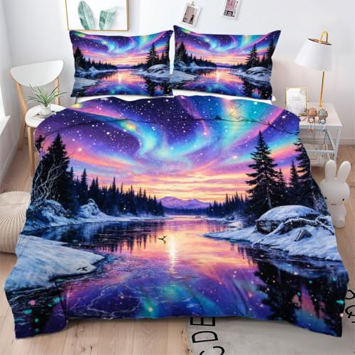 Gumntun Bettwäsche 155×220 cm Lila Sternenhimmel, 3-Teilig Bettdeckenbezüge Set mit Reißverschluss, Mikrofaser Bettwäsche-Sets mit 2 Mal Kissenbezüge 80x80 cm_16572a