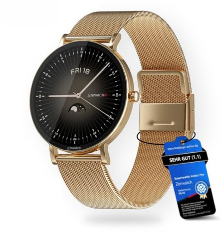 Zenwatch Venice Pro 2.0 Gold Smartwatch mit Bluetooth Telefonie – 1,32 AMOLED 466x466, 123 Sportmodi, Herzfrequenz, Blutdruck & SPO?, IP68 Wasserdicht, 200 mAh Akku, kompatibel mit Android & iOS