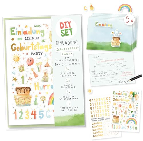 Einladungskarten Kindergeburtstag Geburtstagsparty | 5 Geburtstagskarten zum Selbstgestalten inkl. Umschläge & Sticker | Geburtstagseinladungen Mädchen Junge | Basteln DIY Kinderparty Einladung