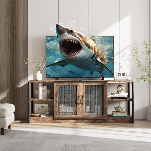 Garvee TV Schrank Lowboard 160cm, Retro Fernsehtisch mit Lamellentüren, TV Board Vintage Dunkelbraun, Mediaschrank mit offenen Regalen für Wohnzimmer & Schlafzimmer, Industrial Design