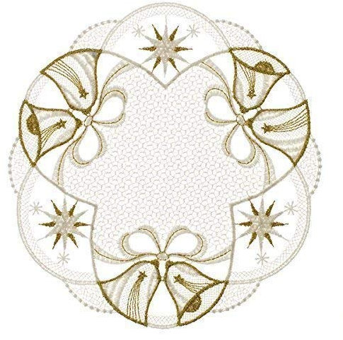 Plauener Spitze Deckchen Glöckchen 20 cm rund, Tischschmuck, Deko, Tischdekoration (ecru-gold)