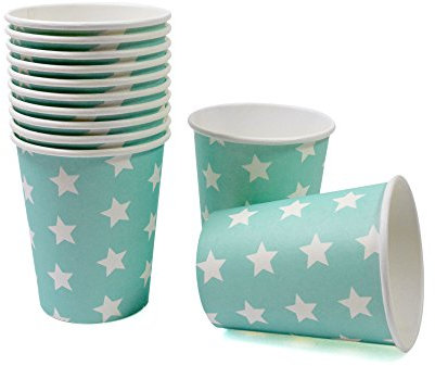 Frau WunderVoll® 12 PAPPBECHER TÜRKIS, Sterne, 240 ml/Einwegbecher, Trinkbecher, Papierbecher, Einweggeschirr, Geschirr, Hochzeit, Kindergeburtstag, Partygeschirr