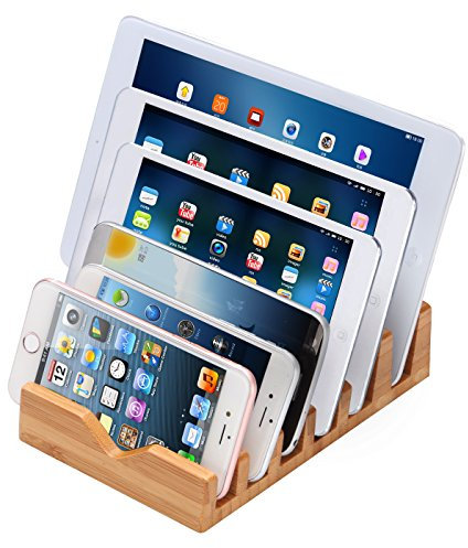iCozzier® 6 Slots Bamboo Charging Station Stand Dock Multi Device Organizer for Small Laptops, iPhone X 8 7 6S 6Plus, iPad Mini 3 4, Samsung Galaxy S5 S6,Chrome Books, Smartphones & Tablets
