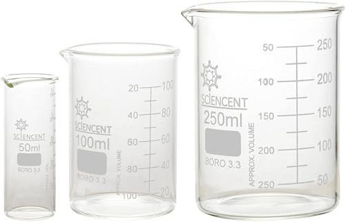 Pack of 3 Glass Beaker Borosilicate Thick Low Form - 50ml, 100ml, 250ml