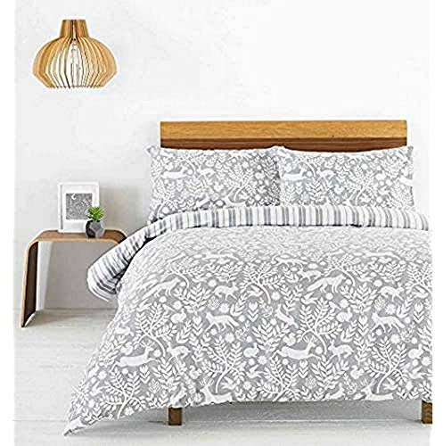 Creative Cloth Skandi Woodland King Duvet Cover Set - Grey and White - Scandinavian Woodland Animal Design - Striped Reverse - 100% Cotton - Machine Washable - 230 x 220cm (91 x 87 inches)