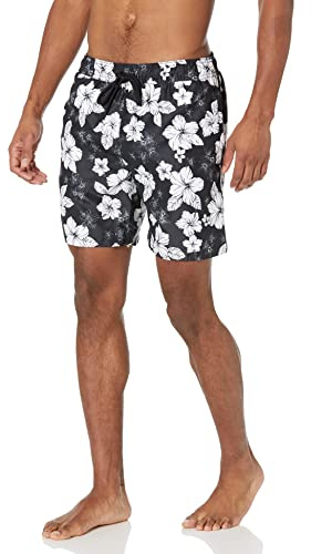 Amazon Essentials Costume da bagno da uomo, 18 cm, ad asciugatura rapida, motivo fiori di ibisco nero, taglia L