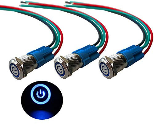 QitinDasen 3Pcs Premium 12V / 24V 3A Interruttore a Pulsante Autobloccante, 12mm Interruttore a Pulsante in Metallo con LED Blu, Interruttore Avviamento Auto in Acciaio Inossidabile impermeabile