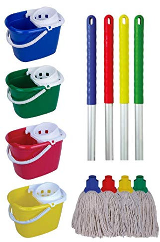 10 PY EXEL Mop Heads with Colour Coded EXEL Handle and Mop Bucket - Red