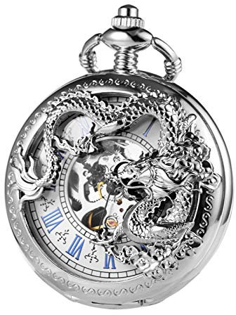 TREEWETO Taschenuhr mit Kette Herren Analog Mechanisch Handaufzug Doppelscharnier Antik Drache Römische Ziffern, Silber