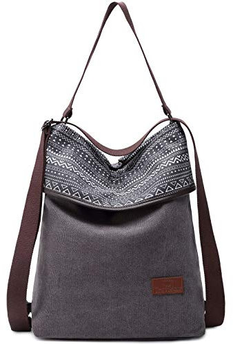 Travistar Damen Handtasche Canvas Rucksack Groß Schultertasche Vintage Damen umhängetasche Anti Diebstahl Tasche Damen Hobo Tasche für Alltag Büro Schule Ausflug Einkauf - Gedrucktt Grau