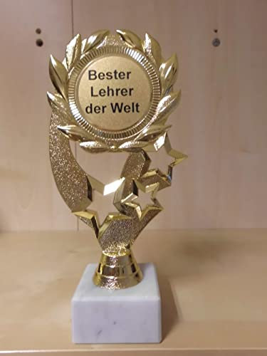Fanshop Lünen Pokal Geschenk Bester Lehrer der Welt - Geburtstag - Sportpokal - Gr. 19,5 cm, (Gold) - Trophäe - Pokale - mit Gravur - (A1)