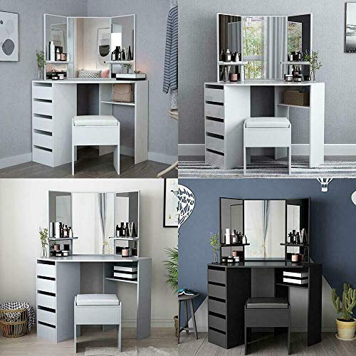 Hampton&Stewart Modern Corner Dressing Table Multi-Angle Mirror with Stool Desk 5 Drawers UK (Grey)