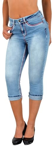 ESRA Damen Capri Hose Damen High Waist Caprihose Kurze Jeans Hose hoher Bund bis Übergröße C21