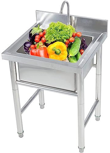 Évier Inox de Cuisine 1 Bac, Évier Utilitaire sur Pied, Évier Multifonctionnel Commercial avec Robinet Pivotant à 360 ° Évier de Jardin Intérieur Extérieur, Facile à Nettoyer, Porteur 150kg