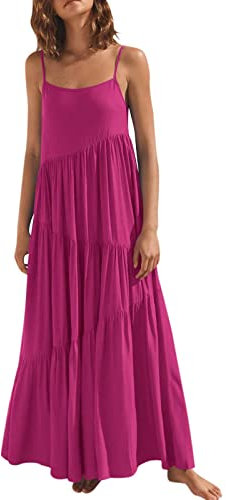 Susenstone Femmes Robe De Plage Séchage Rapide Élégant Robe de soirée Bal Robe de Rockabilly Robe plissée Ultraléger Casual Mode de soirée Longue Robe Rose Chaude XXL