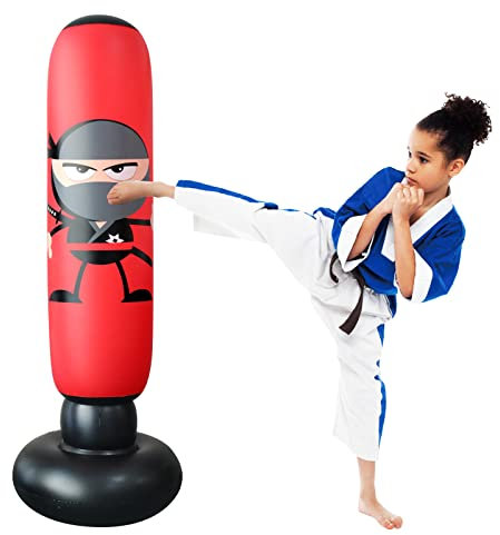 Sac de Boxe Gonflable, LncBoc 160cm/63 inch Sac de Frappe Boxe sur Pied, Fitness de autoportant Tour Stand Fitness Target Sac, Punching Formation Tumbler pour Enfants Adultes