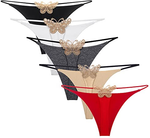 KOEMCY 5 Pièces String Femme Sexy Tanga String sans Couture T-Back Strings Papillon Culottes Taille Basse Thongs Slips Multicolore Lingerie Bikini (L)