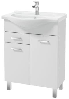 VBChome Badmöbel Set 55 cm Weiß Waschbecken mit Unterschrank Waschtisch Chromgriffe 2-Türen 1-Schublade Waschbeckenunterschrank Badezimmerschrank Badschrank