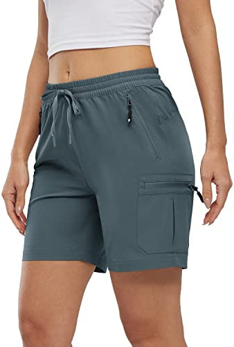 Rdruko Ladies Walking Shorts Drawstring Elastic Waist Summer Casual Quick Dry Outdoor Work Travel Golf Hiking Cargo Shorts Cool Grey L