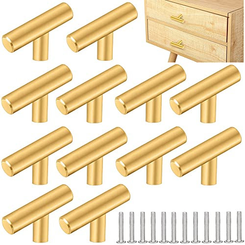 ZACUDA 12 PCS T Bar Handle Stainless Steel Cabinet Pulls 50mm Single Hole Drawer Knob Pulls Kitchen Cabinet Handles Furniture Knobs with Screws for Cupboard Cabinet Wardrobes Bathrooms Doors(Gold)