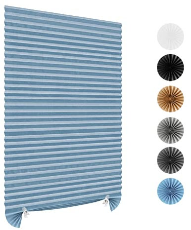 Stick On Blinds for Windows, Temporary No Drilling Light Filtering Pleated Paper Clip On Door Blinds and Shades for Kitchen Patio Bathroom Bedroom (Blue, 90x150cm)