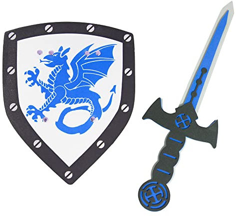 Ritter Schwert und Schild aus Schaumstoff | Spielzeug Set mit Drachen Mittelalter (Blau) Toll für Kinder zum Ritterfest zur Farbauswahl