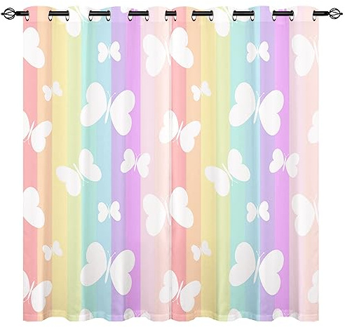 YUANZU Schmetterling Vorhänge Mädchen Regenbogen Streifen Ösen Gardinen mit Blickdichte Vorhang Kälteschutz Blackout Curtain Mädchenzimmer Schlafzimmer Verdunkelung Fenster, 2 Stück, H 160 x B 132 cm
