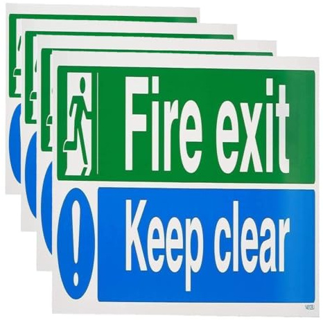 VSafety Fire Exit/Keep Clear Sign - Landscape - 450mm x 150mm - 1mm Rigid Plastic (Pack of 4)