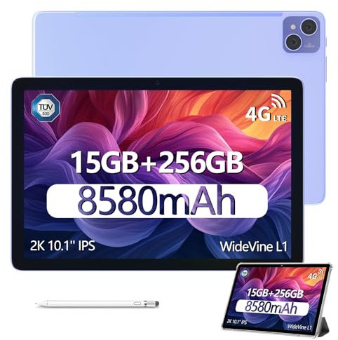 DOOGEE T10 Pro Tablet 10.1 Inch, 15GB RAM + 256GB ROM (1TB TF), T606, Dual 4G LTE Android Tablets, 8580mAh Battery/18W, 13MP+8MP, Widevine L1 /3.5mm -Jack/WiFi 6 /BT 5.0 / TÜV/GPS Tablet, Purple