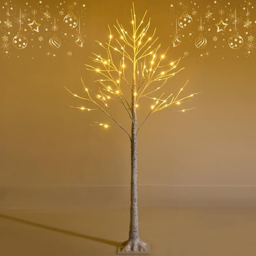 GYMAX Árbol de Navidad 120/150/180 cm, Abedul Iluminado con 48/72/96 Luces LED Blanco Cálido, Árbol de Navidad de PVC, Decoración Brillante para Navidad, Hogar (150 cm)