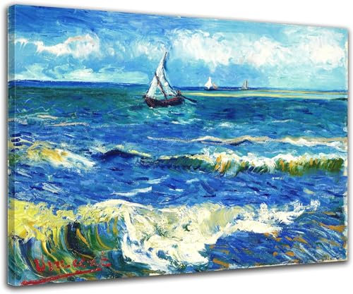 Quadro Van Gogh - Il mare a Les Saintes Maries - Stampa su tela Canvas con telaio in legno vero - Pronto da appendere - Quadri moderni per arredamento casa (QUADRO CON TELAIO IN LEGNO, CM 50X38)