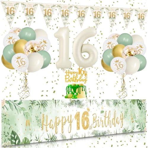 16 Geburtstag Deko, VICTERR Grün Gold Deko 16. Geburtstag Mädchen und Jungen Deko Set, Extra Lange Größe Happy 16th Birthday Banner Hintergrund 274×37cm, Girlande Wimpel Konfetti Luftballons