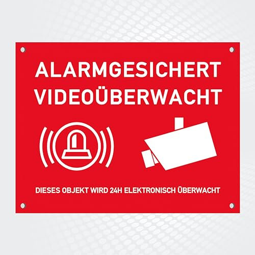 Hochwertiges Schild aus Alu-Dibond  ALARMGESICHERT - VIDEOÜBERWACHT  200 x 150 mm rechteckig | Alarmgesichert | Objekt wird 24 h videoüberwacht