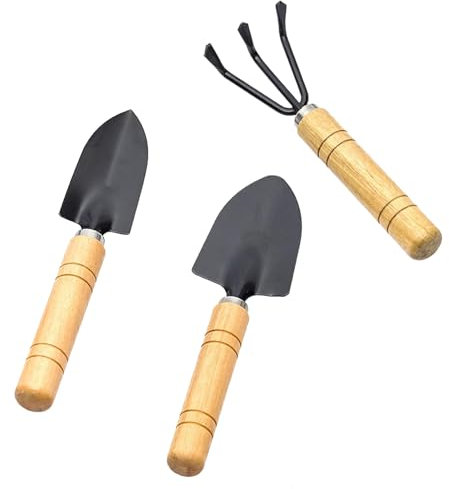 Lot de 3 Outils de Jardinage Mini Petite Pelle Râteau et Bêche Manche en Bois Ensemble Outils Jardinage pour Planter Fleurs, Repiquer, Ameublir Sol