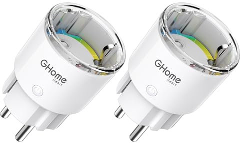 GHome Smart Steckdose mit Strommessung, Mini Wlan Steckdose kompatibel mit Alexa/Google Home, App Fernbedienung, Sprachsteuerung,Zeitplan, 10A,Nur 2,4GHz, TÜV-Zertifiziert (2 Packs)