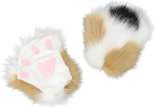 Obenie Halloween Katzenpfoten-Handschuhe, Therian Paws Therian Gear pelzige Pfoten, Cosplay, flauschige Fäustlinge, weiß 2, Einheitsgröße
