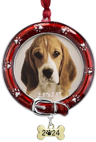LARAINE Weihnachtsbaumschmuck - dekorative hängende 2024 Urlaub Keepsake Geschenk Anhänger mit 2,5 Zoll Fotorahmen Einsatz für Bild von Haustier (Hund Rot (2024))