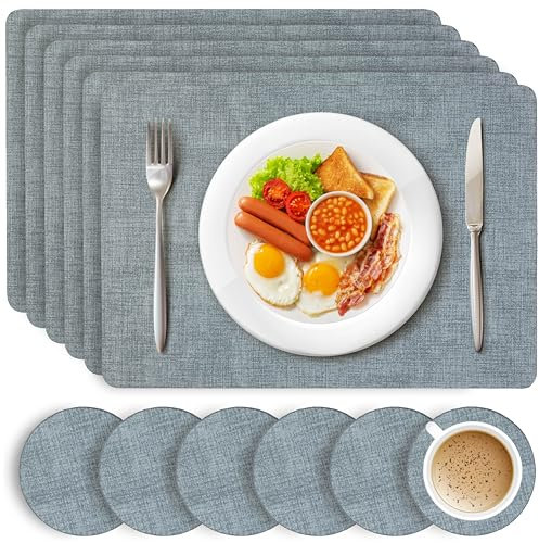 HEFTMAN Blue Placemats and Coasters - Set of 6 Large PU Leather Coasters and Place Mats for Table, Heat Resistant up to 100℃, Stain Resistant Wipe Clean Placemats, 43cm x 30cm