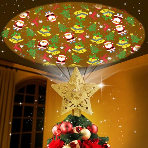 Ubrvhrt Star Christmas Tree Topper Lighted with Built-in Rotating LED Projector, Gold Glitter Starburst Tree Top Projection of 4 Dynamic Images for Christmas Tree Home Office Party Decor Ornament