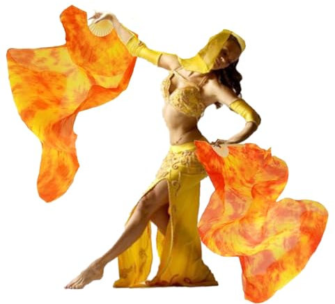 Belly Dancwe Fan 1 Pair (Left+Right) Handmade 99% Silk Imitation Silk Ribs Long Silk Fans Dancing Fans Dance Silk Veils Long Fans Dance Performance (Fire Color-real silk)